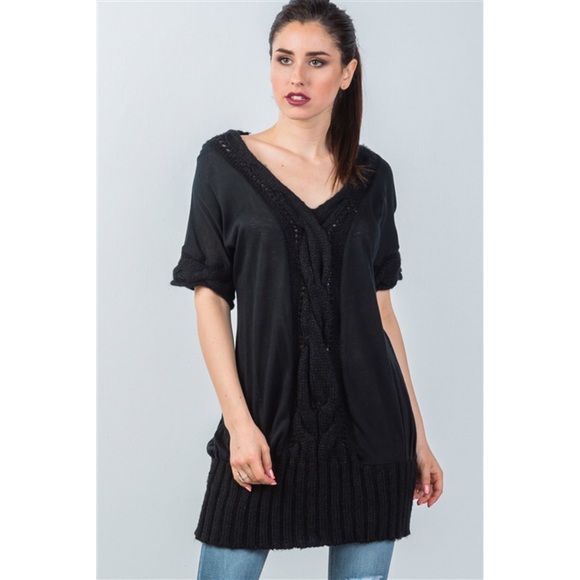BLACK CENTER CABLE KNIT PATTERN TUNIC SWEATER - Picture 3 of 4